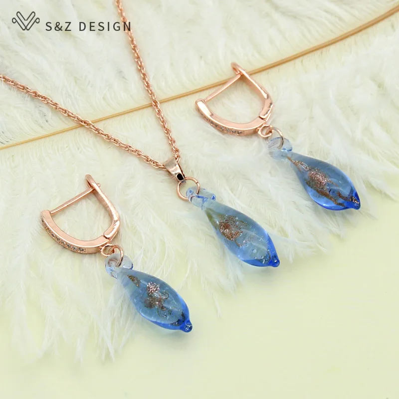 

S&Z Fashion Water Drop Coloured Glaze Earrings Jewelry Set 585 Rose Gold Personality Temperament For Women Girls Fine Party Gift