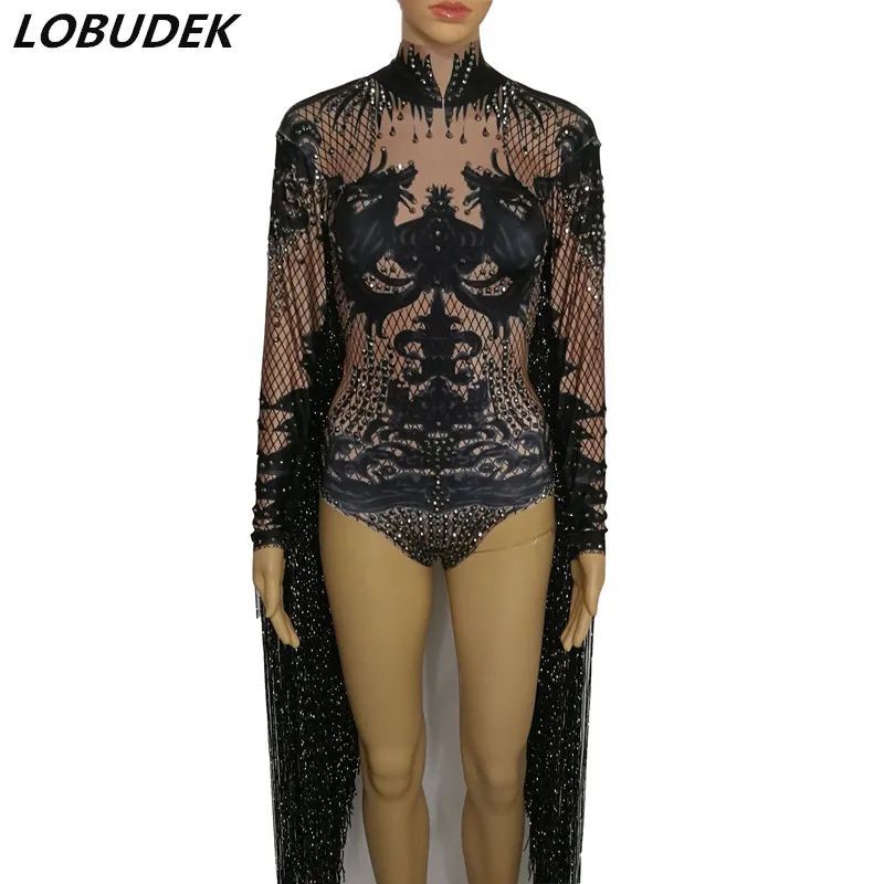 

Sexy Nightclub Bar Concert Lady DJ Singer Dancer Costume Vintage Print Long Tassel Sleeve Rhinestones Bodysuit Black Stage Wear