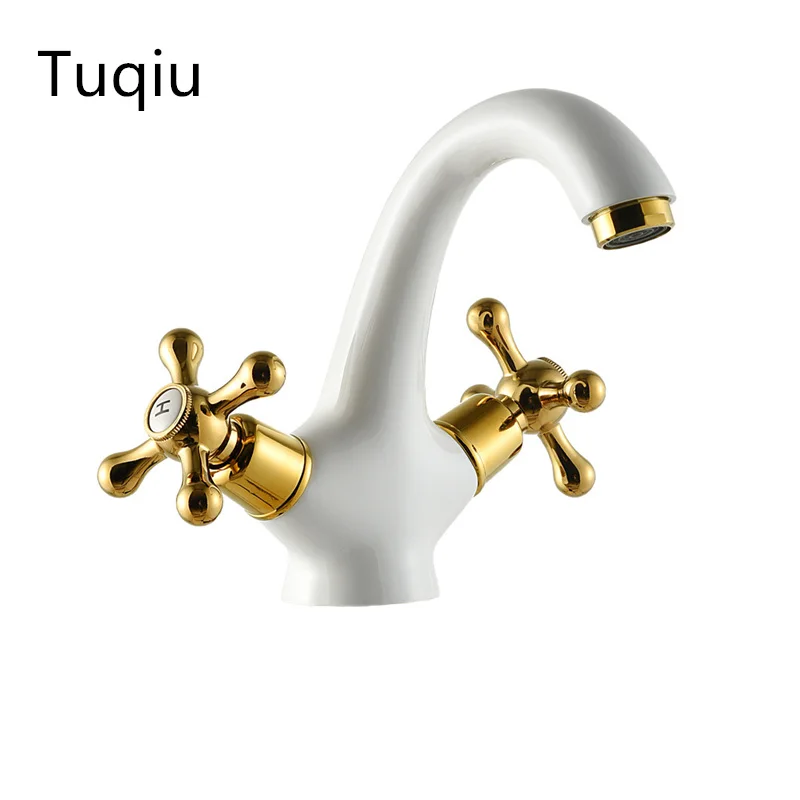 

new arrival deck mounted white and gold finished basin faucet sink mixer basin sink faucet use torneira cozinha home decoration