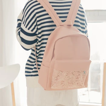 

Korean Preppy Fashion Black Backpacks Women Japan Style Vintage Lace Splice PU School Travel Rucksack White Pink Sute Bags Pack