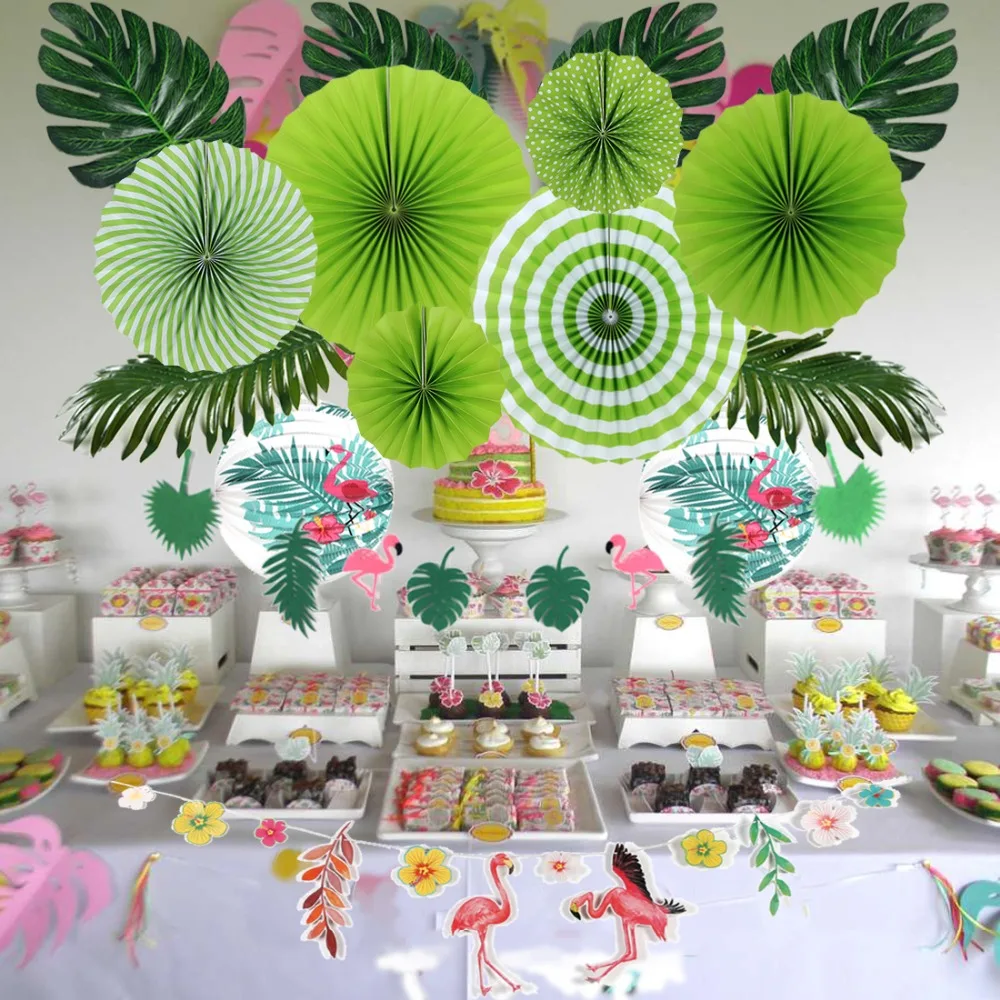 Luau джунгли Фламинго вечерние украшения Набор Лето тропические листья день рождения Гавайские Фонари Зеленый вентиляторы 1st тропический Декор