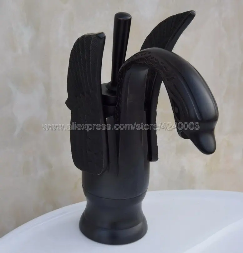Oil Rubbed Bronze Swan Shape Black  Brass Basin Sink Faucet Bathroom Single Hole Centerset Basin Mixer Tap Swan Faucet Knf030