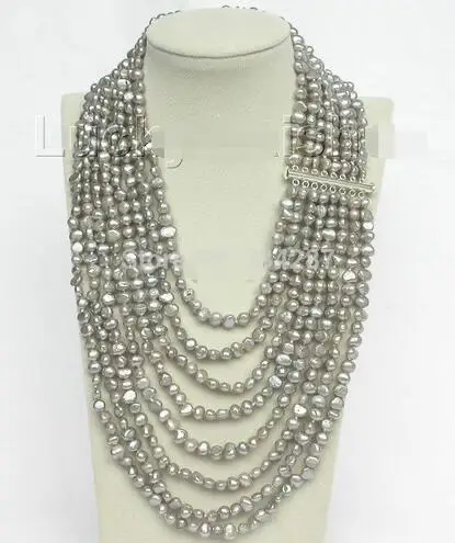 

17 "- 24" 8row gray baroque pearl necklace 925 sterling silver clasp>>> women jewerly Free shipping