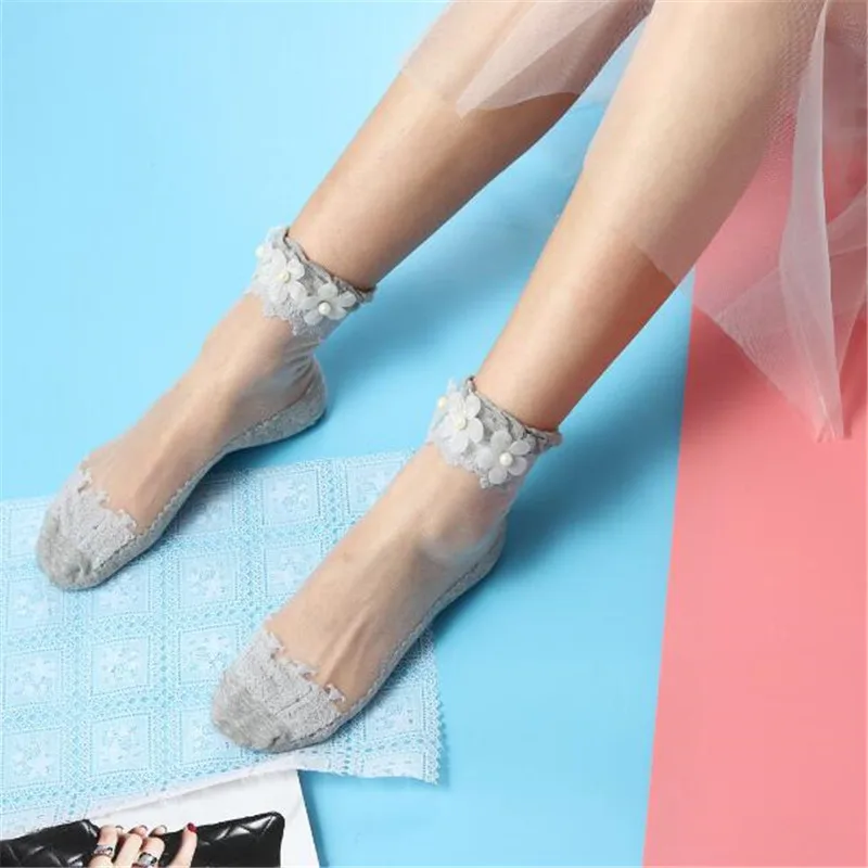 

Cute Sexy Korean flower women silk ankle socks summer breathable embroidery beadscotton sock mujer kawaii funny socks streetwear