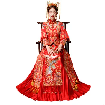 

Chinese Traditional Wedding Dress Women Phoenix Embroidery Rhinestone Modern Cheongsam Long Qipao Red Oriental Style Dresses