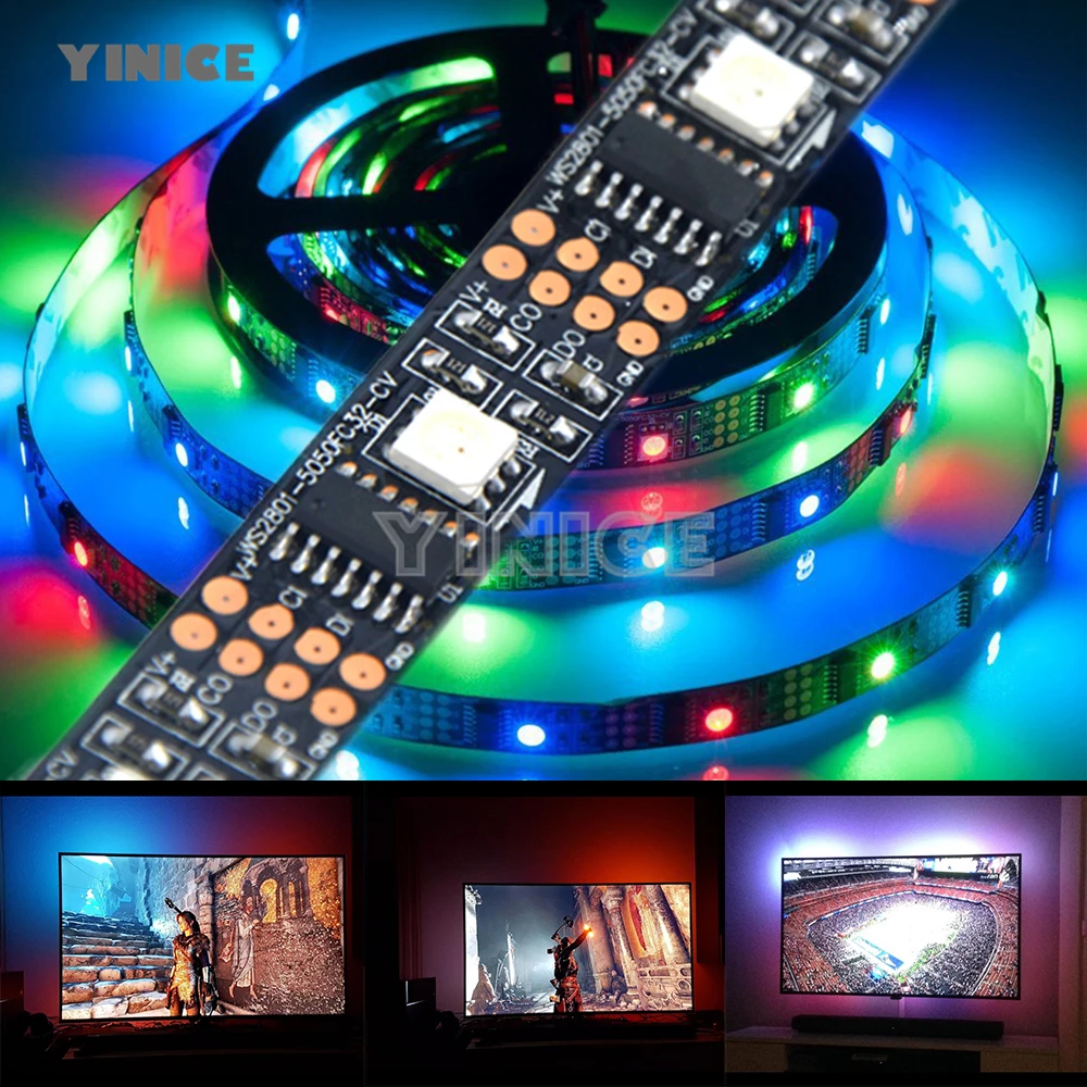 

DC5V 3M/4M/5M ws2801 External 2801 ic Individually addressable 5050 smd rgb strip 32leds/m Arduino development ambilight TV