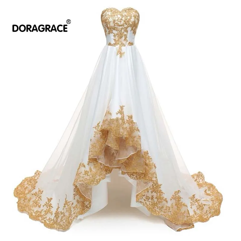 

Doragrace Real Photo Sweetheart Sleeveless Lace-Up Applique Tulle High-Low Prom Dresses Party Gowns