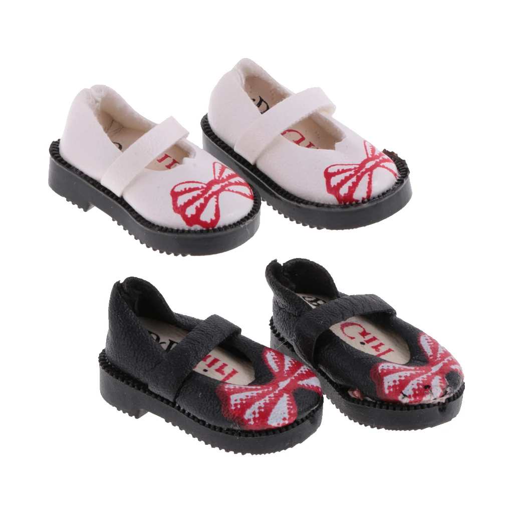 

2 Pair of Bow Printed Shoes White & Black PU Leather Flat Shoes for Blythe Momoko Dolls 1/6 12'' Dolls Clothes Accessories