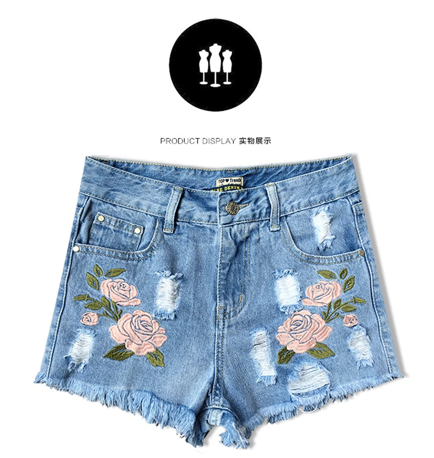 Summer2016 модные рваные Шорты женские джинсовые 3D с вышивкой и цветочным принтом, Женский Шорты свободные синие короткие джинсы с высокой талией для женщин Шорты