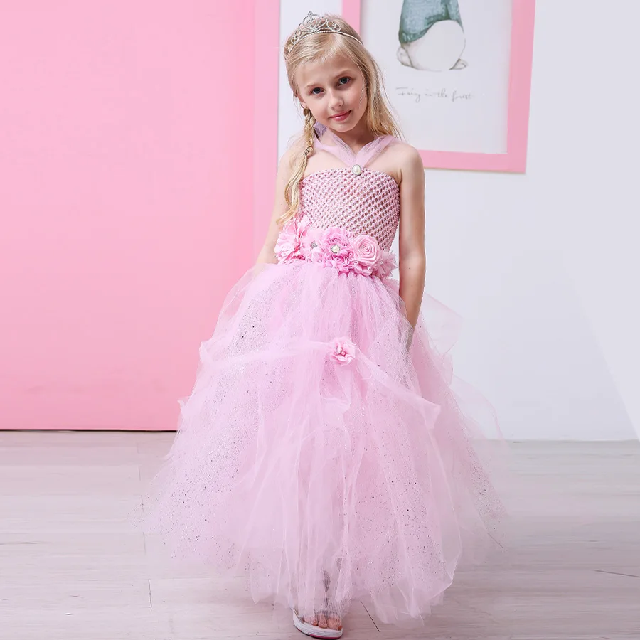 Stunning Shade of Pink Princess Girls Dress Kids Tutu Gown with Rhinestone for Weddings Photo Shoots Girl Tulle Flower Dress (1)