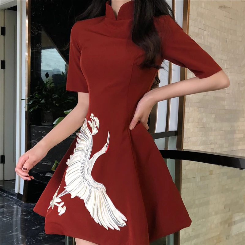 Новинка, японский стиль Харадзюку, винтажное платье лолиты, модное платье Чонсам в китайском стиле с вышивкой журавля для женщин и девочек, черный и красный цвета