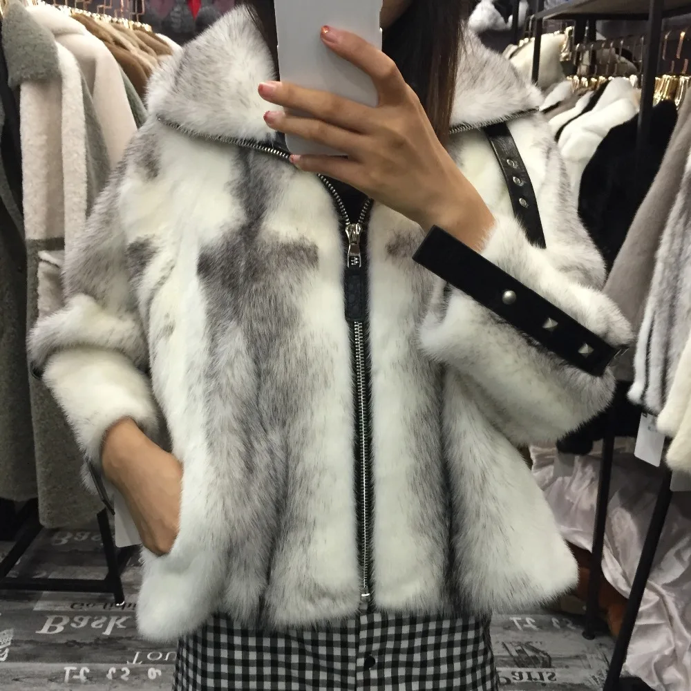 

SQXR FUR Women's Winter Real Mink Fur Coat Fashion Luxury Mink Fur jacket with rivet