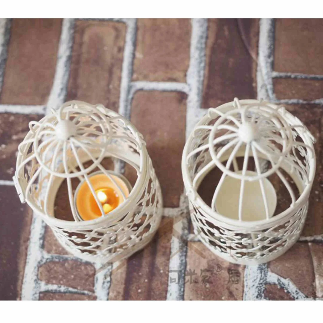 1pc Metal Hollow Candle Holder Tealight Candlestick Hanging Lantern Bird Cage White