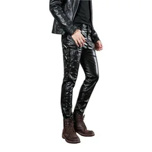 Mcikkny новые модные мужские обтягивающие брюки из искусственной кожи мотоциклетные кожаные брюки с аппликацией для мужчин размер 29-36