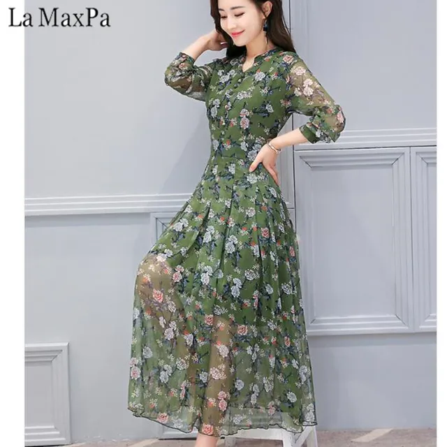 2018 New Spring Floral Slim Fit Chiffon Dress with Full Regular Sleeve Female V-Neck Mid-Calf Flower Prints Bohemian Dresses