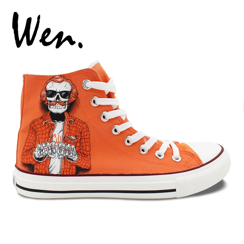 ون الأصلي تصميم شعر أحمر مع النظارات الشمسية العصرية الذكور هياكل عظمية اليد رسمت تزلج أحذية عالية أحذية رياضية من قماش القنب للرجال الأولاد