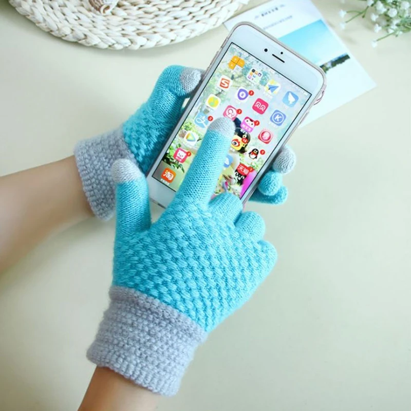 KLV для женщин зимние теплые однотонные толстые сенсорный экран вязать ткань стрейч Glovess