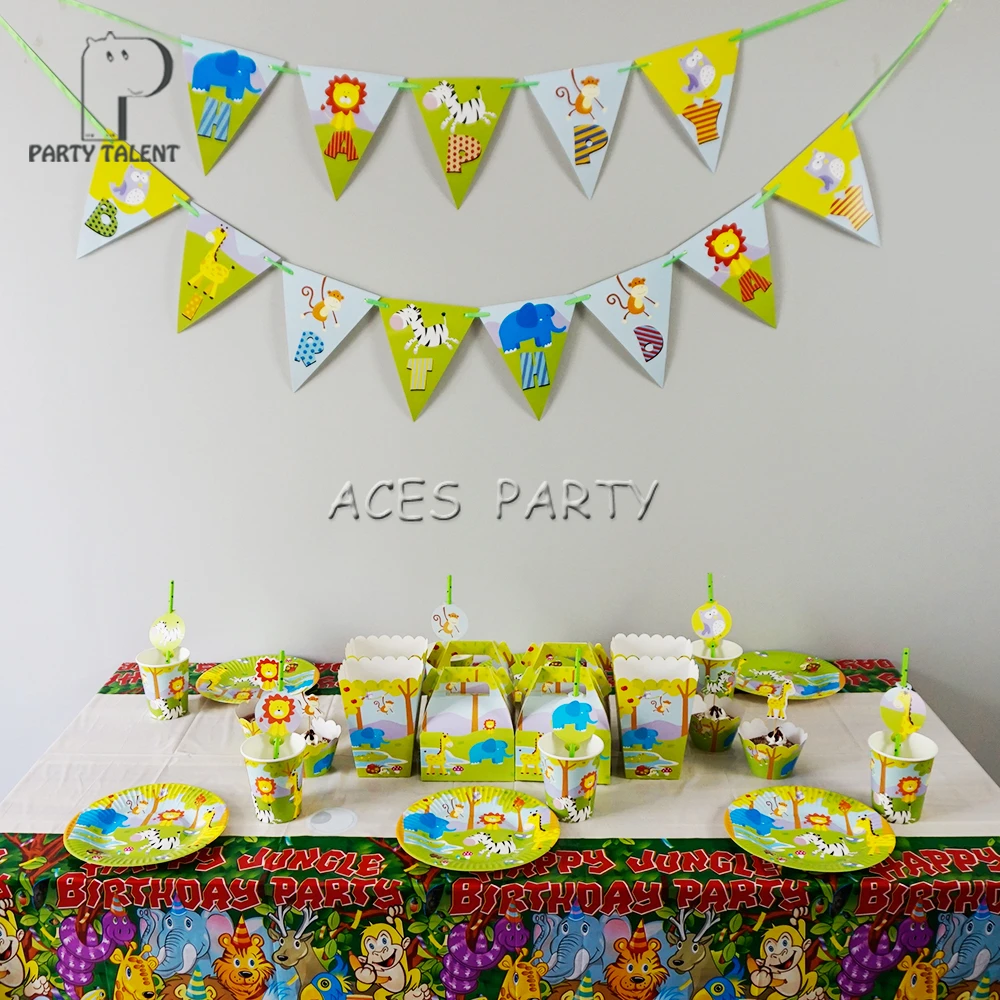 98 Pieces Pour 12 Enfants Jungle Safari Animaux Theme Fete D Anniversaire Supplie Ensemble De Vaisselle Assiette Paille Verre Candybox Invitation Ect Aliexpress