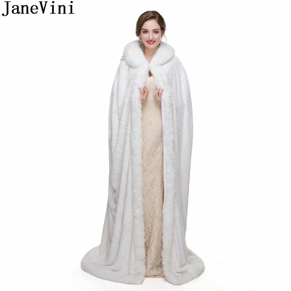 

JaneVini Elegant White Winter Bridal Faux Fur Wraps and Shawls Warm Long Fashion Cape Women Cloak Bolero Stoles Fourrure Blanche