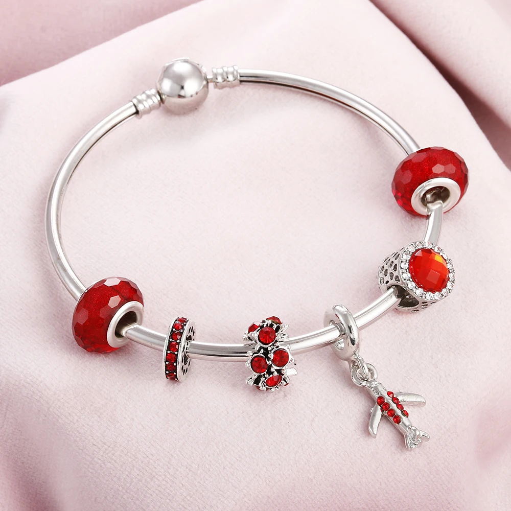 

Charm Jewelry Red Bracelet Women Gem Crystal Rhinestone Beaded Airplane Ladies Wedding Bracelets Snap Bangles Gift Drop Shipping
