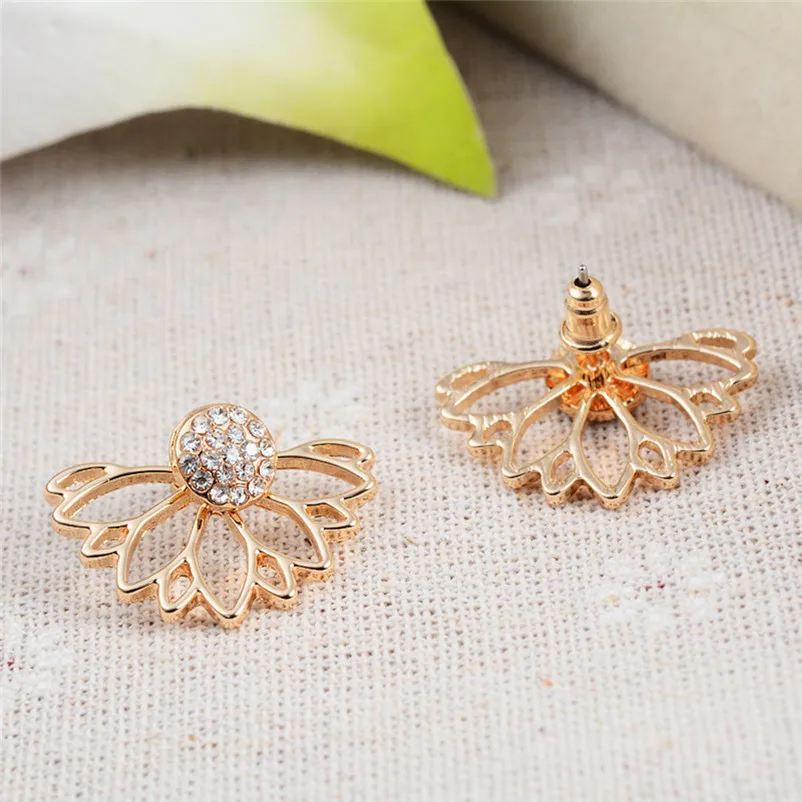2018 Trendy earrings crystal Flower Stud Earrings For Women fashion Jewelry Double Sided Gold Silver Plated earrings J04 (2)