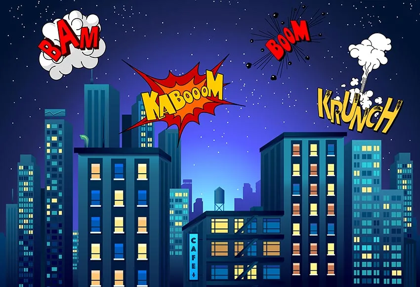

5x7ft Vinyl Photography backdrops Superhero Cartoon Night City Comics Boom Children Fotografia Backgrounds for Photo Studio