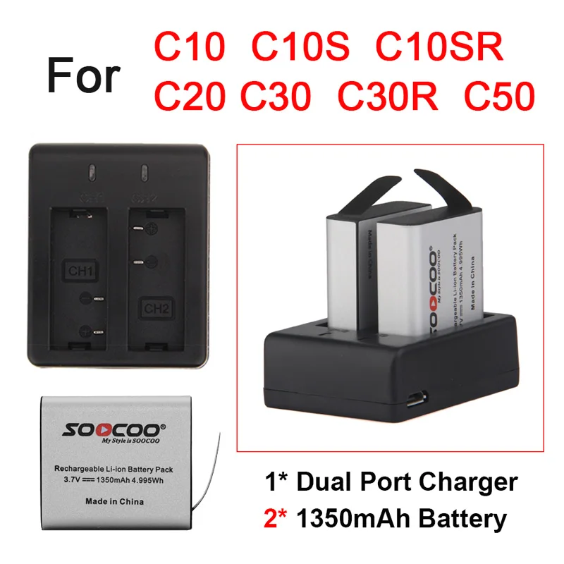 2 шт. оригинальный soocoo Батарея & двойной Зарядное устройство для C10 C10S C10SR C20 C30 C30R C50