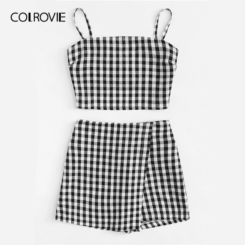 Женский комплект из двух предметов COLROVIE черно белый клетчатый топ с узлом на