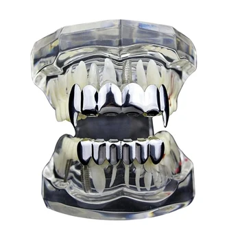 

Hip Hop Silver Gold Teeth Grillz Top Bottom Grills Set with Silicone Dental Caps Vampire Body Jewelry banhado tooth beauty