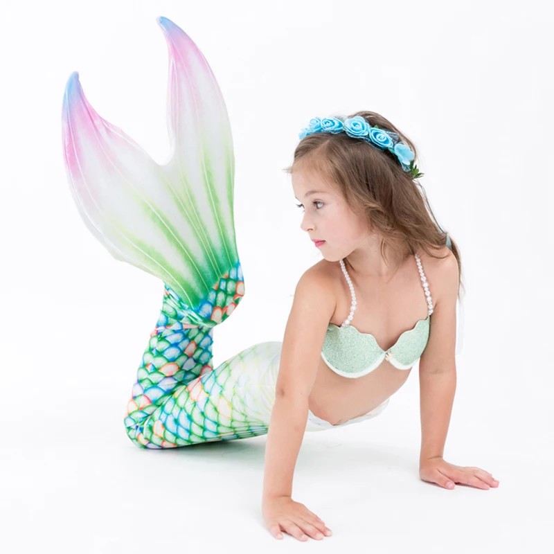 

3pcs Girls Swimming Mermaid Tail Costumes With Monofin Flipper Ariel Bathing Suit Swimmable Mermaid Cospaly For kids Swimming