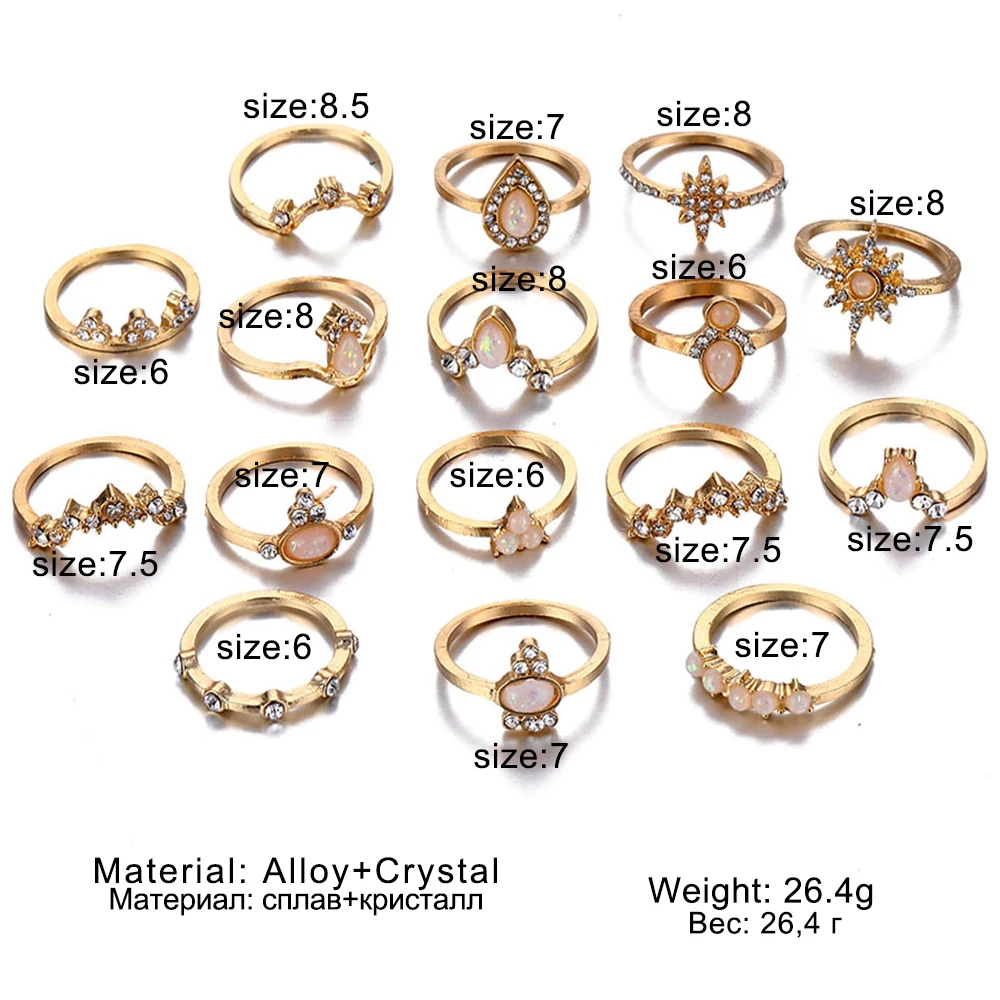 9 дизайнерских колец в стиле бохо, Ретро стиль, Золотая Звезда, миди луна, набор колец для женщин, опал, кристалл, миди, кольцо на палец,, женские богемные ювелирные изделия, подарки