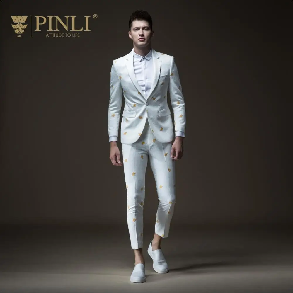 

Free Shipping men's male man casual white Autumn new embroidered suit jacket B183206572 and trousers B183215573 set