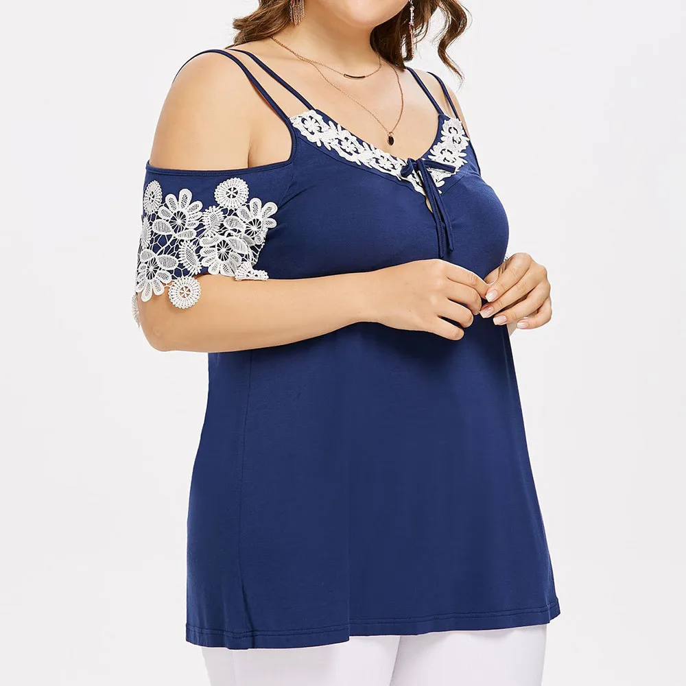Women Plus Size Cold Shoulder Lace Applique Stitching 12 Sleeved Top Blouse  (7)