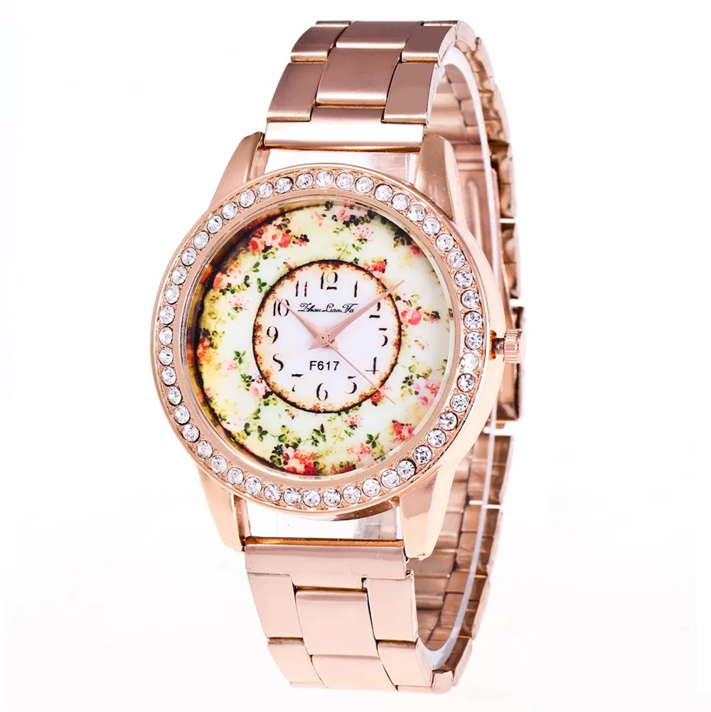 

New Flowers Pattern Watches Women Diamond Alloy Dial Clock Rose Gold Stainless Steel Analog Quartz Wrist Watch montre femme