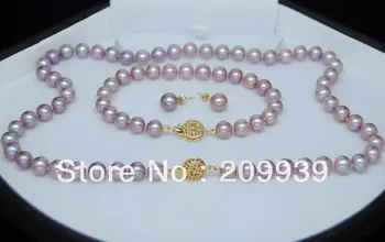 

huij 002176 Highest TOP 9-10MM Round Natural purple color pearl Set 14K