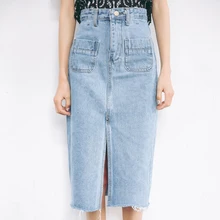 Fannic/Новинка; Женская Повседневная прямая Джинсовая юбка миди; сезон весна-лето; с карманами и разрезом; высокая талия; до середины икры; Femininas