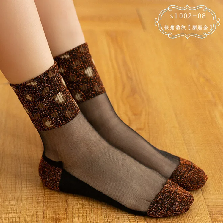 Сексуальные леопардовые кружевные сетчатые носки, женские блестящие шелковые носки с кристаллами, лето, ультратонкие прозрачные сетчатые носки, Calcetines Skarpetki - Цвет: GoldenS S1002-08