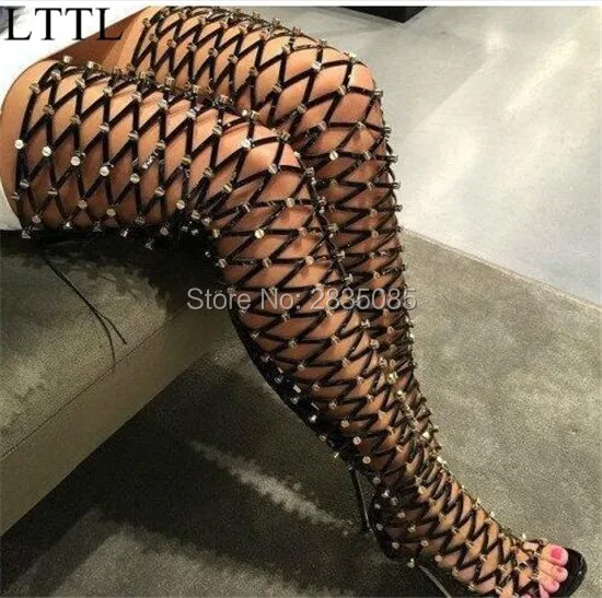 -High-Heel-Cage-Gladiator-Women-Long-Boots-Eye-catching-Gold-Studs-Thigh-High-Sandal-Boots