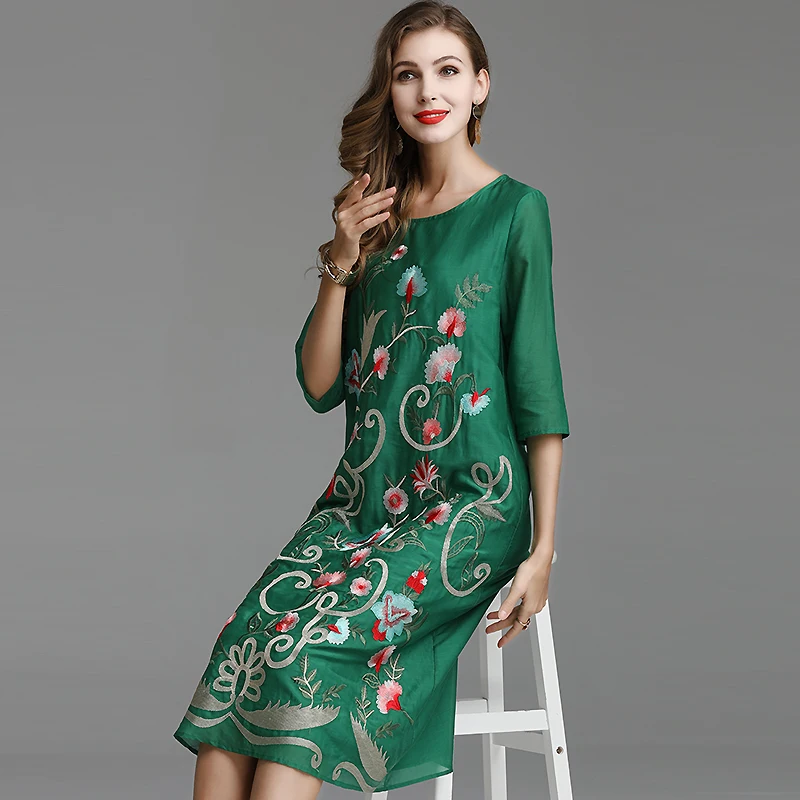 

Embro Mill spring and summer embroidery Loose Retro women green dress Chinese style elegant lady Party floral dress S-XXL