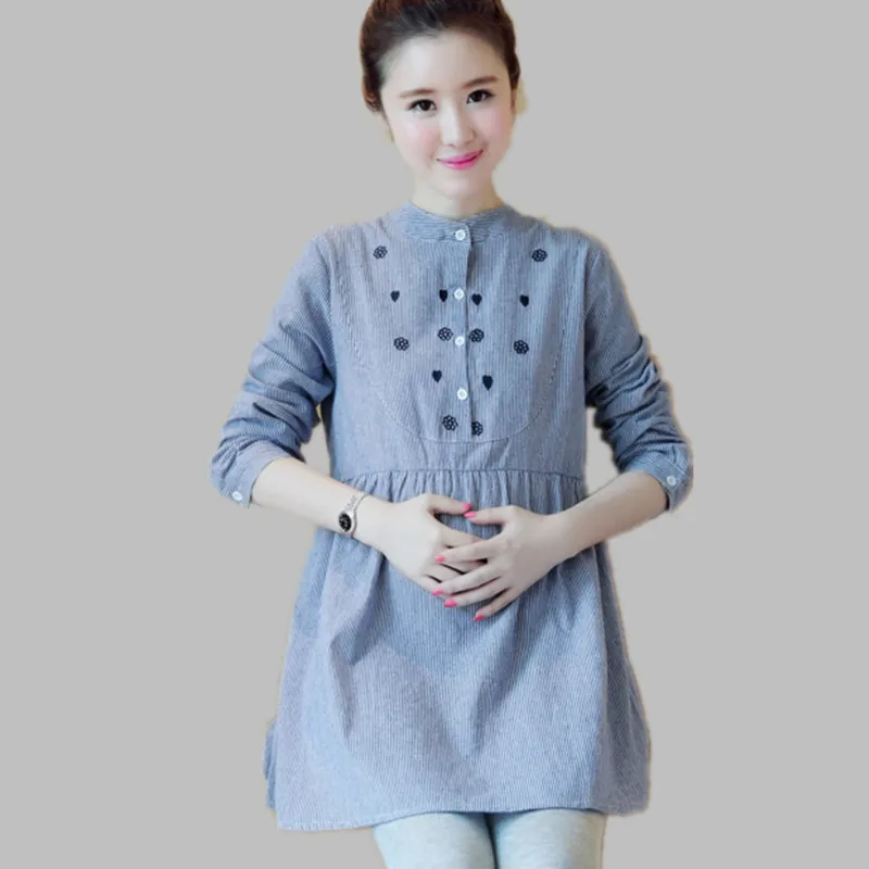 Envsoll Pleated Embroidery Cotton Maternity Shirt Spring & Autumn