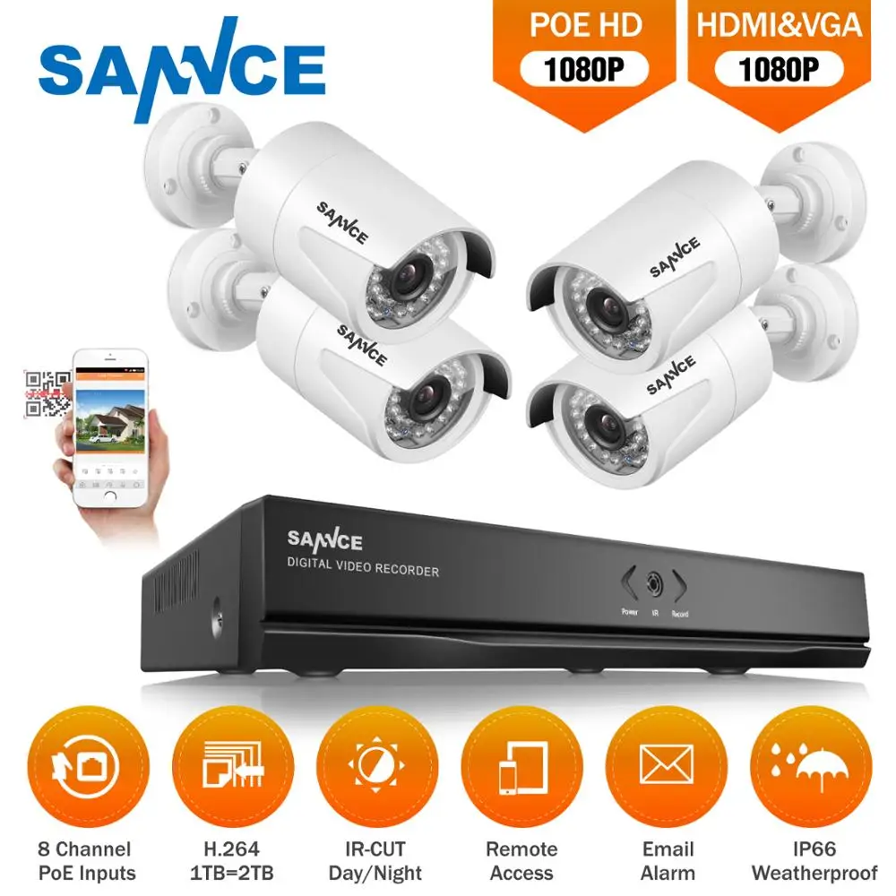 

SANNCE Full HD 8CH 1080P POE NVR Kit 4pcs Bullet 2.0MP PoE IP Camera P2P Cloud Service System Video CCTV Surveillance System