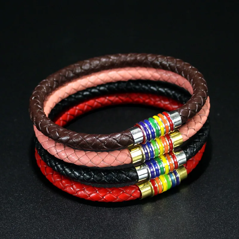 

Magnet Clasp Genuine Leather Braided Bracelet Bangle for Women Men Leather Rainbow Bracelet Gay Pride Charm Bracelet Jewelry