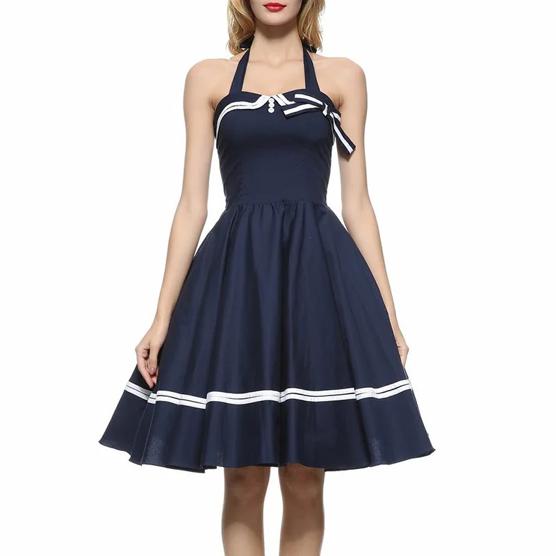 

2016 Andrey Hepburn 50s 60s Vintage Dress for Women Summer Dresses Fashion Halter Neck Sleeveless Patchwork Casual Women Dress