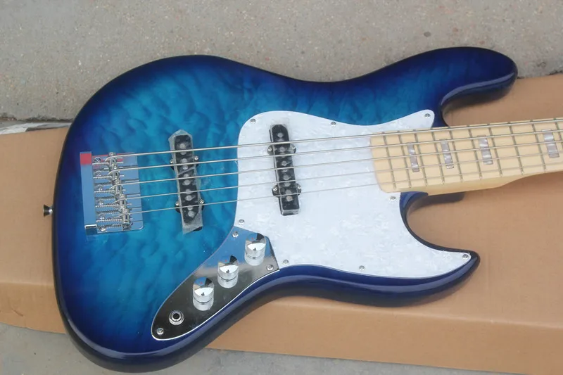 Jazz bass 5 string electric bass, crystal clear blue white pearl armor