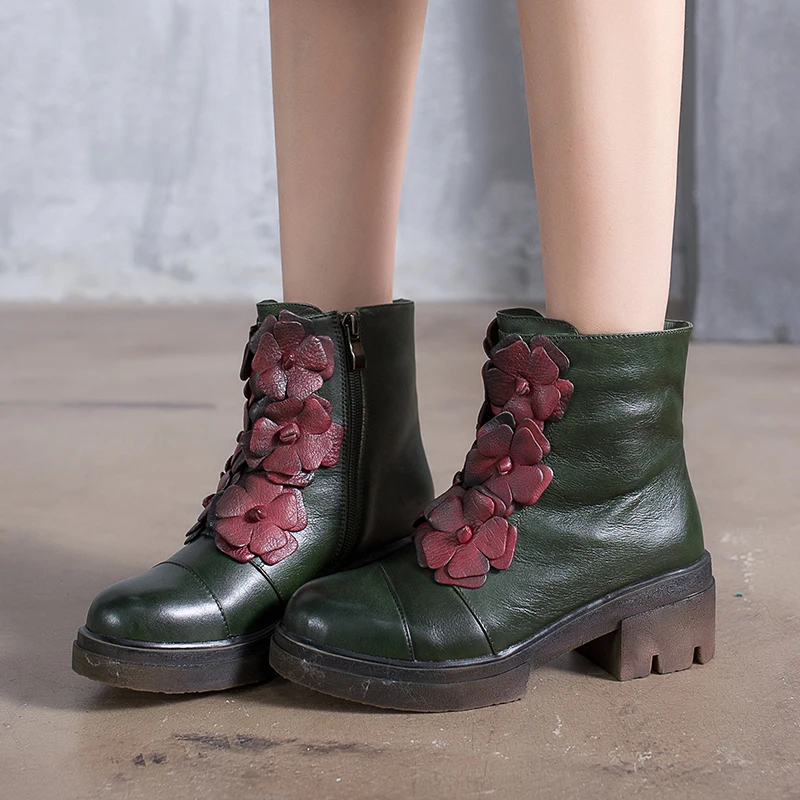 

2018 VALLU Genuine Leather Women Boots Round Toes Handmade Vintage Shoes Flower Block Heels Ladies Booties