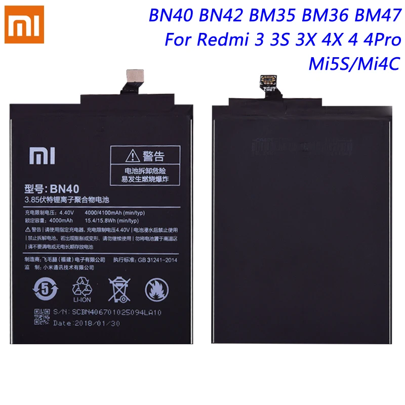 

Original Battery BN40 BN42 BM35 BM36 BM47 For Xiaomi Redmi 3 3S 3X 4X 4 Pro Mi 4C 5S Mi4C Mi5S Lithium Polymer Battery