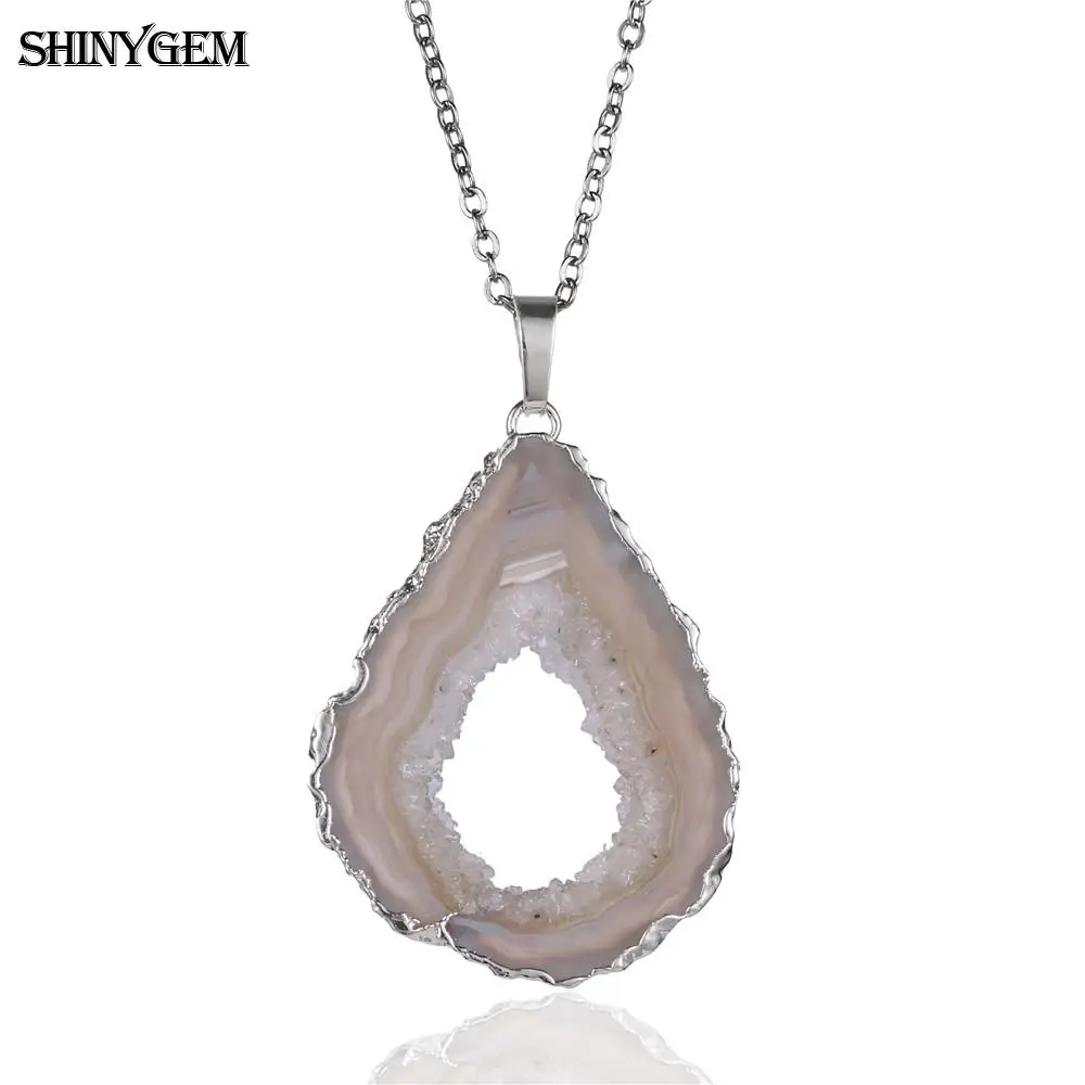 ShinyGem 20-40 мм необычное коричневое ожерелье Агаты золото/серебро цепочка Друза кулон ожерелье кусочек натуральный камень ожерелье для женщин