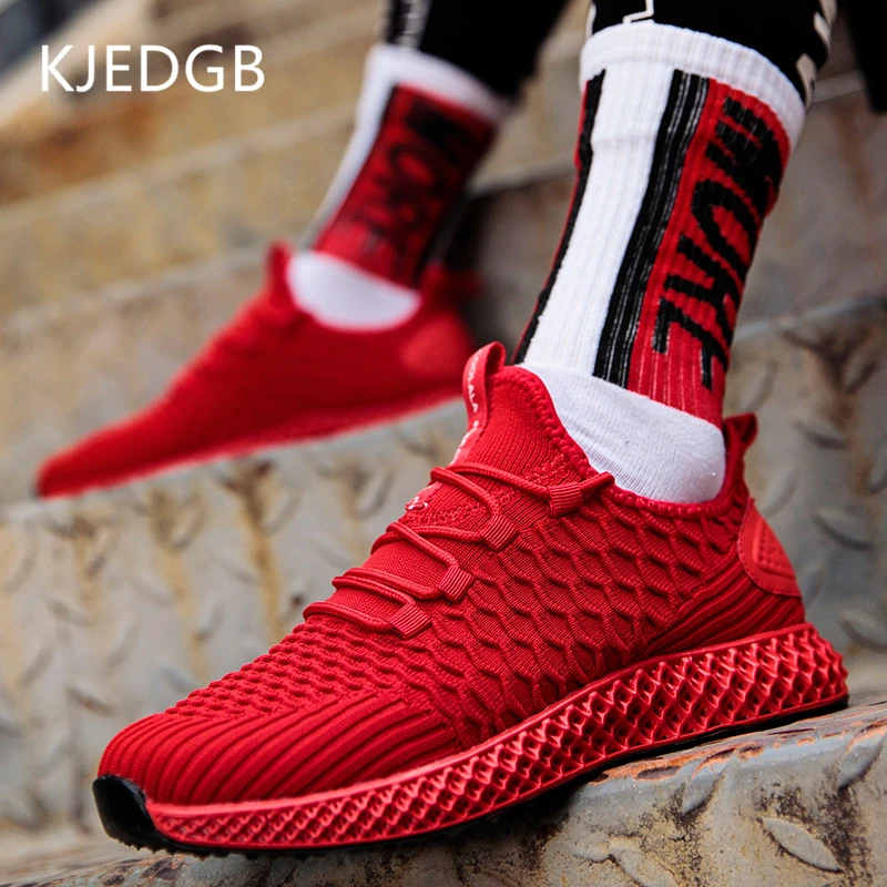 

KJEDGB 2019 New Flyknit High Quality Men Sneakers Solid Black Red Gray Trendy Mens Shoes Casual Adult Male Tennis Trainers Shoes