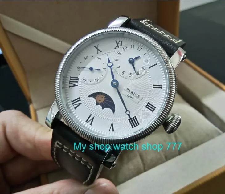 

44mm PARNIS Moon Phase Mechanical Hand Wind movement men's watch Multi-function Mechanical watches wholesale GD251A