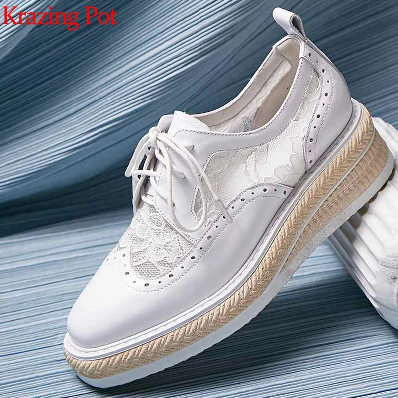 

Krazing Pot cow leather sexy embroidery lace platform high street fashion med heel lace up handmade luxury oxfords shoes L1f9